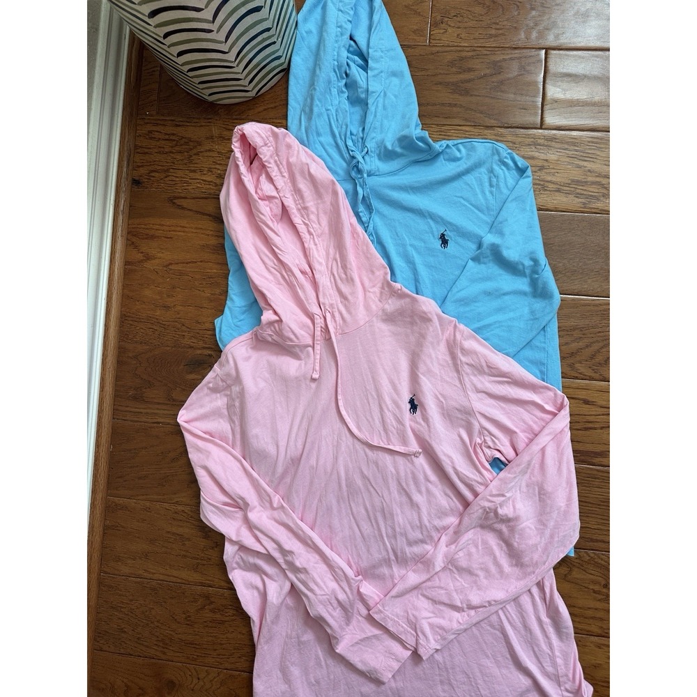 Lot of 2 Polo Ralph Lauren Mens Medium Hooded Long Sleeve T-Shirt Pink Blue M